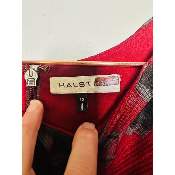 HALSTON Black Red Cherry Floral Print Sheer Sleeveless Tulle Full Skirt Dress 10 - Picture 8 of 9